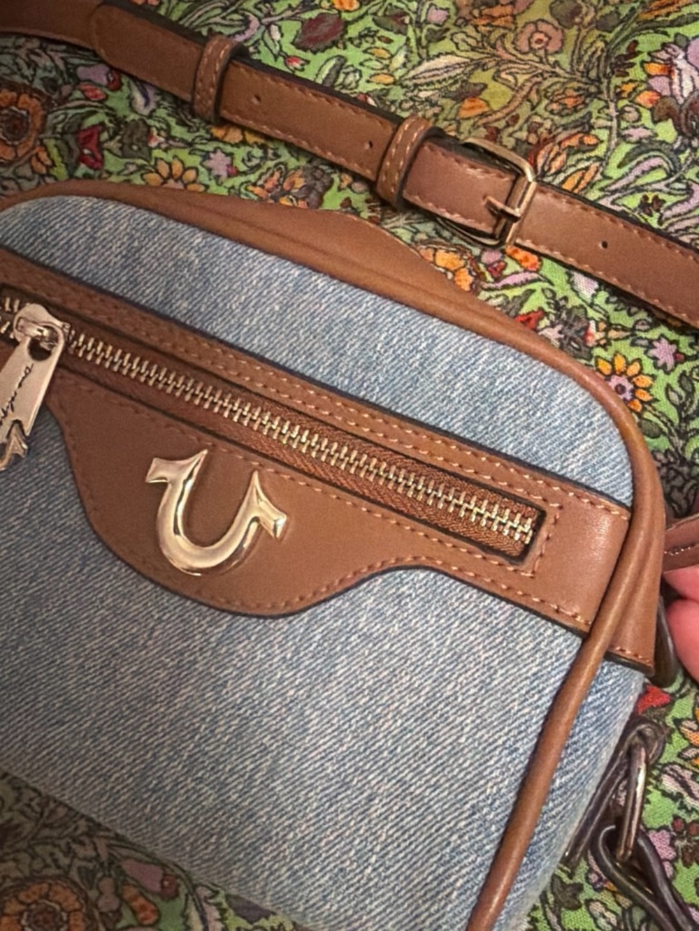 True Religion Denim and Brown Leather Crossbody Belt Bag